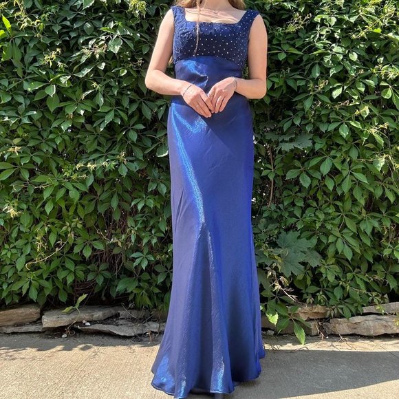 90s navy iridescent floor length prom dress - Picture 2 of 8